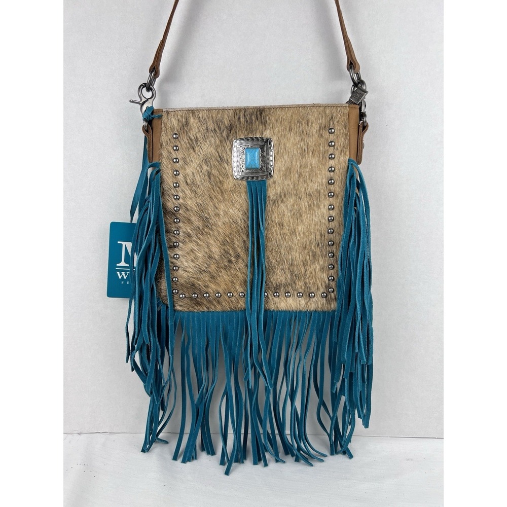 Montana West Cowhide Fringe Crossbody Bag Turquoise Concho Western Leather